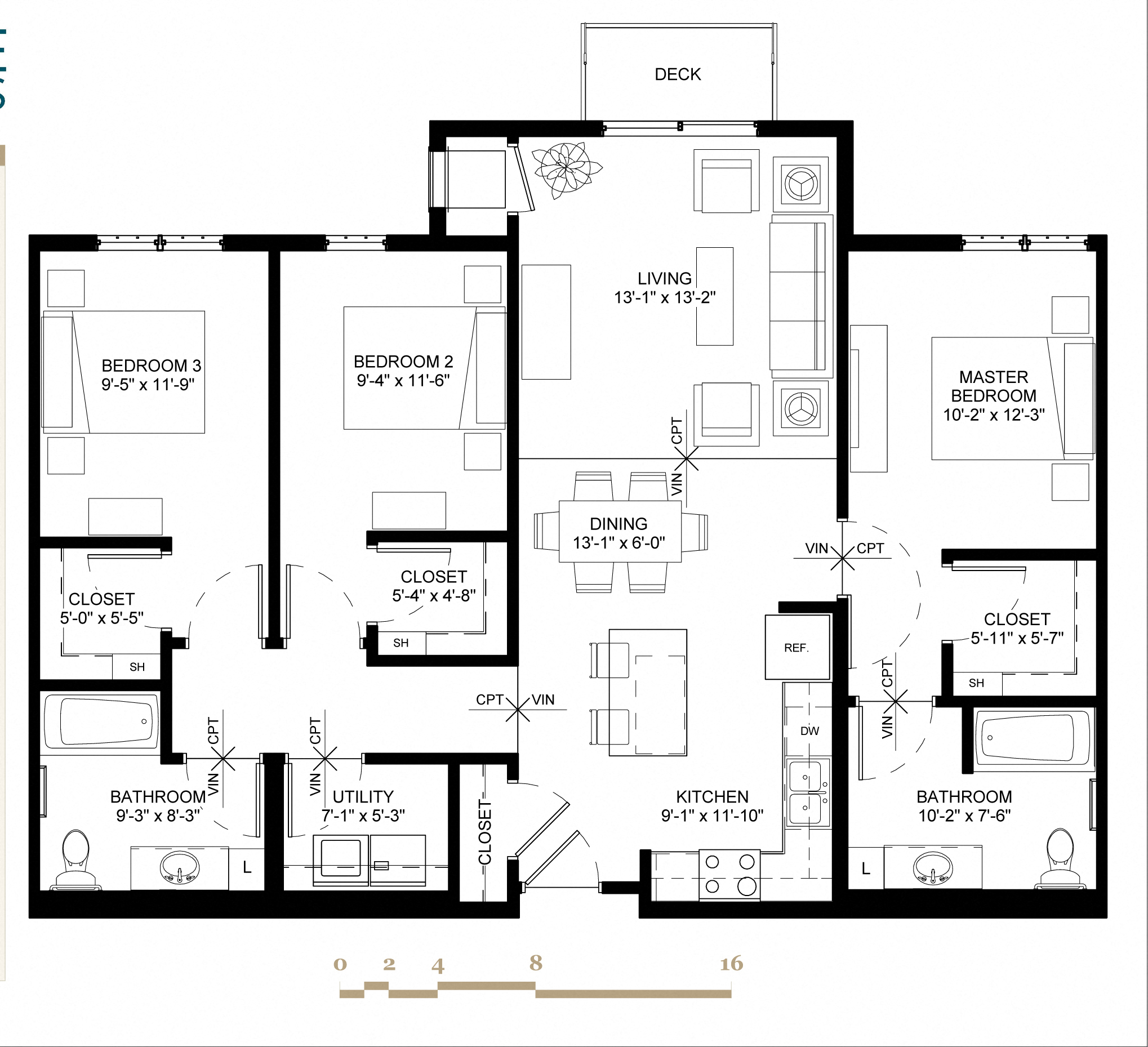 Floor plan for 3 beds, 2 baths, 1305 sqft